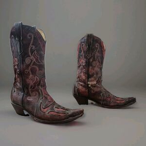 Rudel Women's 8.5E Black Red Leather Cowgirl Western Boots Snip Toe